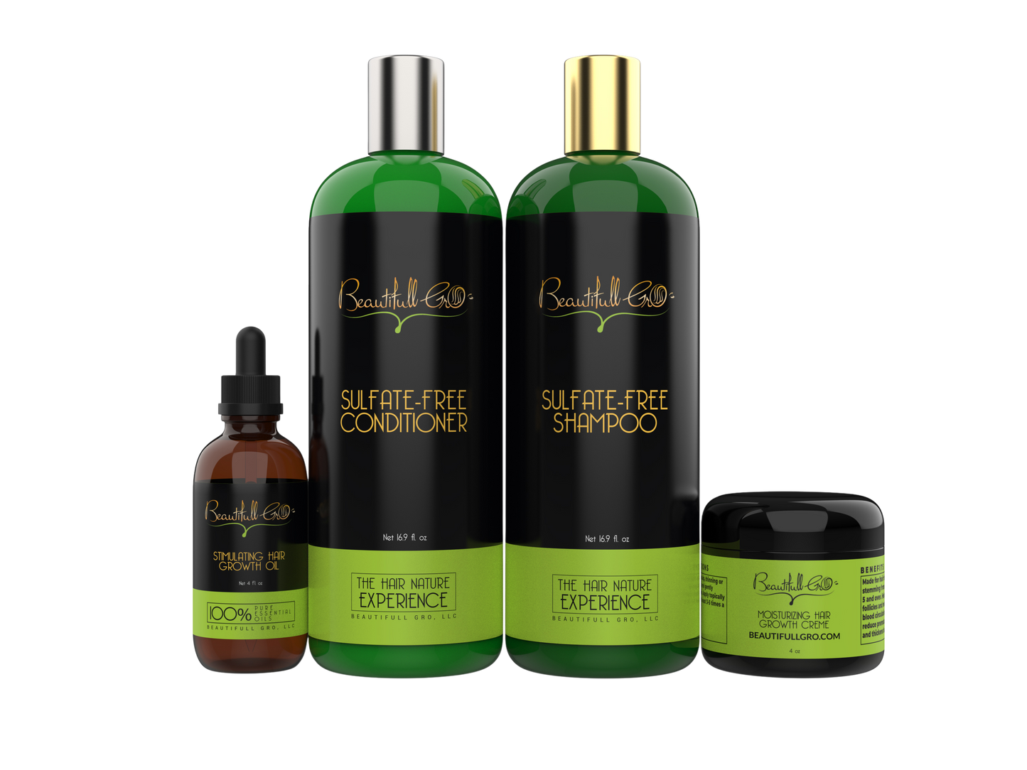 Beautifull Gro sulfate-free shampoo and conditioner bundle with 4 oz hair growth oil and crème for Black women, complete hair maintenance system for dry, color-treated, curly, 4C, 3C,  coily and kinky hair.