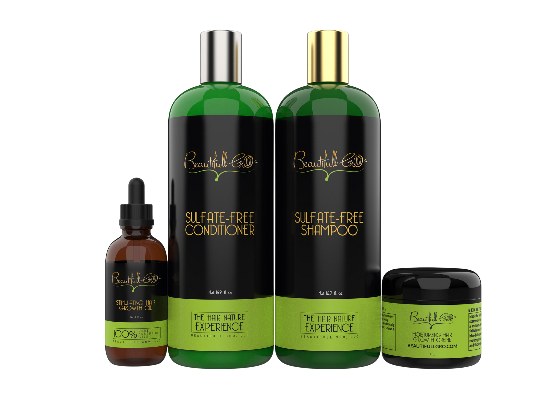 Beautifull Gro sulfate-free shampoo and conditioner bundle with 4 oz hair growth oil and crème for Black women, complete hair maintenance system for dry, color-treated, curly, 4C, 3C,  coily and kinky hair.