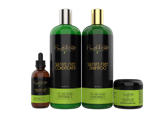Beautifull Gro sulfate-free shampoo and conditioner bundle with 2 oz hair growth oil and crème for Black women, complete hair maintenance system for dry, color-treated, curly, 4C, 3C,  coily and kinky hair.