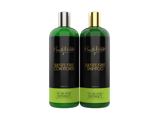 Beautifull Gro sulfate-free shampoo and conditioner set for Black women that gently cleanses, restores moisture, and supports healthy hair growth for dry, color-treated, curly, 4C, 3C, coily and kinky hair.